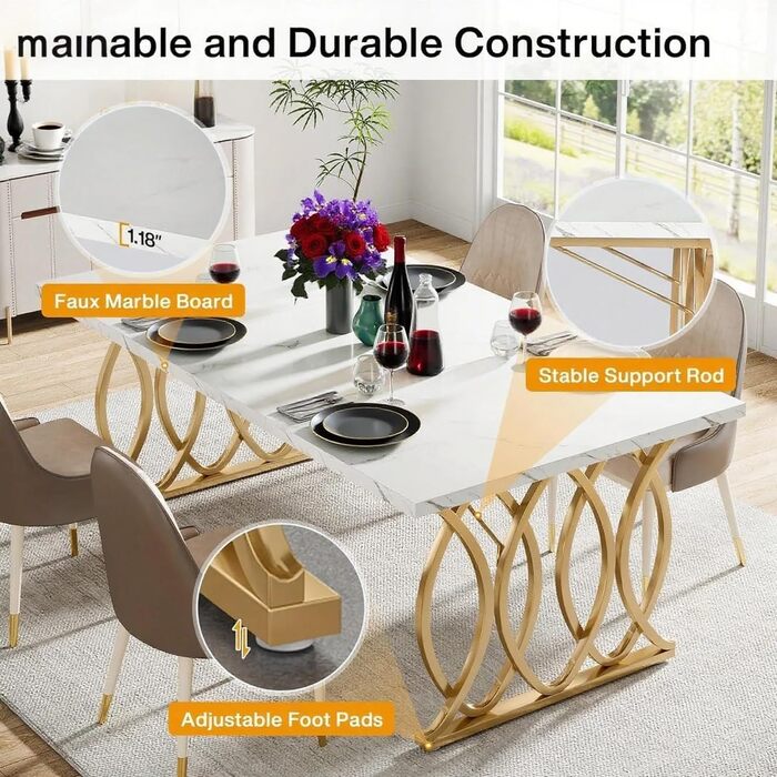 Білий обідній стіл 160x80 см з металевим каркасом та стільницею з акрилового каменю (Kunstmarmor) - для їдальні та кухні