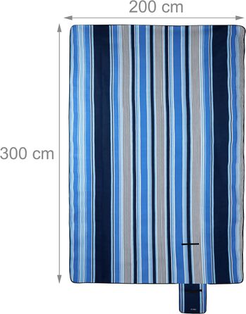 Ковдра для пікніка Relaxdays XXL, 200x300 см, водонепроникне дно, ручка для перенесення, флісова ізоляційна ковдра, смугаста, синьо-біла