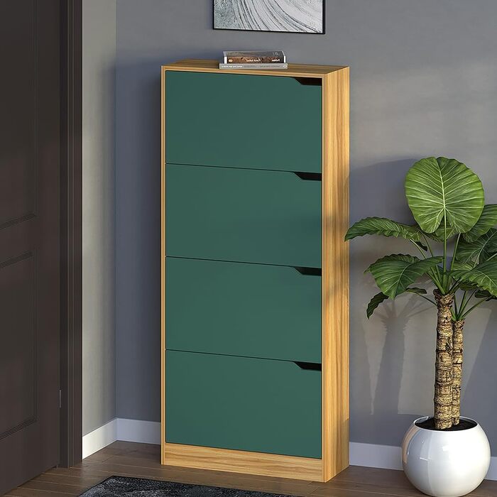 Взуттєва шафа BAKAJI з МДФ, 4 дверцята, відкидна полиця, врізні ручки, подвійна глибина, компактна, 63 x 24 x 150 см, для дому, зелений та дуб