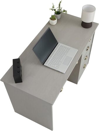 Письмовий стіл IDIMEX Lana з масиву сосни в красивому комп'ютерному столі з 5 висувними ящиками, практичний офісний стіл з ручками-черепашками (сірий)