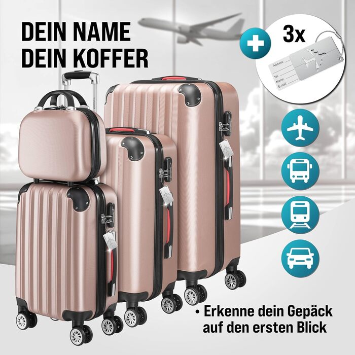 Набір валіз Monzana® 4шт з косметичкою, колір рожевий - M, L, XL - з замком, органайзером та вагами. З гелевими ручками, подвійними колесами, ніжками, телескопічною ручкою, валіза-троль, валіза з жорстким корпусом, багажний набір