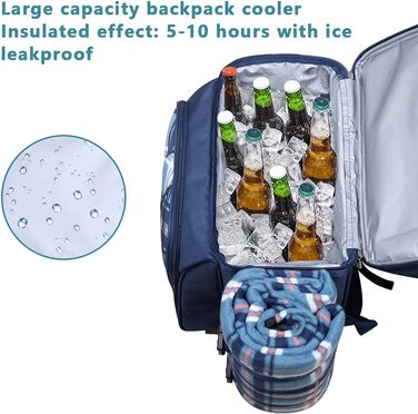 Набір для пікніка Hap Tim на 2 особи: рюкзак з тримачем для вина, флісова ковдра, набір столових приборів, ідеально для пляжу, подорожей, піших прогулянок, кемпінгу, барбекю, сім'ї або як подарунок для пари (4 особи, блакитний)