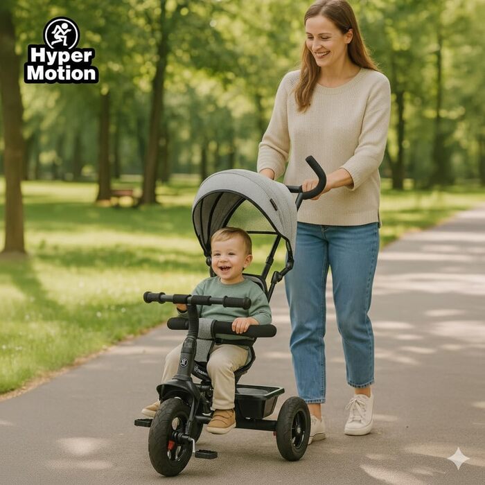 Триколісний велосипед HyperMotion з ручкою для батьків 3-в-1, сірий - для дітей від 1 до 4 років (до 20 кг)