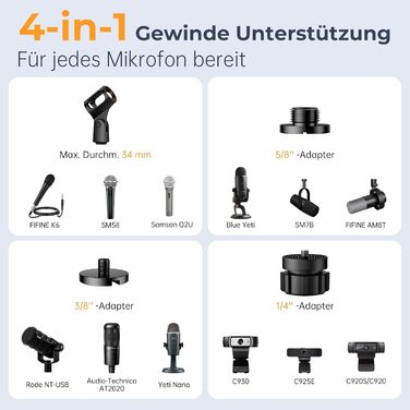 Тримач для мікрофона на стіл, регульований кронштейн 1/4-3/8-5/8 дюйми для Blue Yeti, Fifine, HyperX, мікрофонів/веб-камер/DSLR камер для студії, подкастів, стрімінгу (7-50 см)