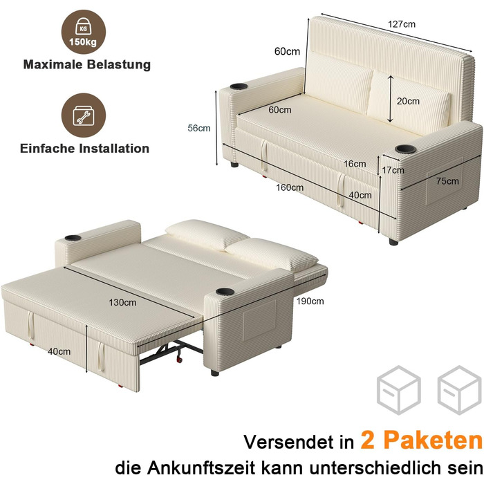 Диван-ліжко JUMMICO 2-місний бежевий з функцією розкладання, подушками та підсклянниками для вітальні/спальні 75x160x93 см