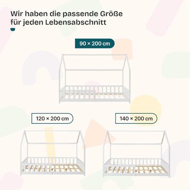 Ліжко дитяче Hesel Hausbett біле 90x200 см з бортиками та ламелями. Монтессорі ліжко-платформа для підлітків. Дерев'яне ліжко від en.casa
