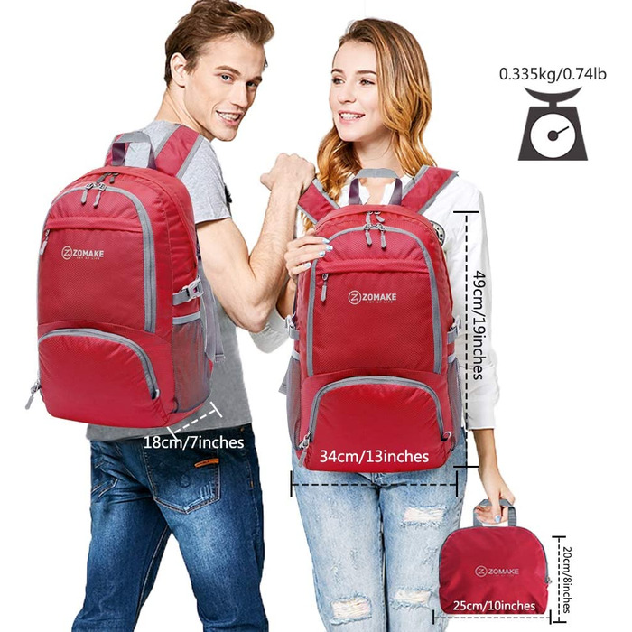 Легкий складной рюкзак ZOMAKE - упаковваеме рюкзаки об'ємом 30 л, невеликі складні рюкзаки, похідний рюкзак, сумка для жінок і чоловіків, походи на відкритому повітрі (червоний)