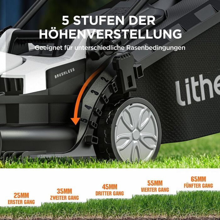 Акумуляторний газонокосарка Litheli 20V, ширина косіння 33 см, до 200 м², об'єм кошика 30 л, висота косіння 25-65 мм, з акумулятором 4.0 Ah, Brushless
