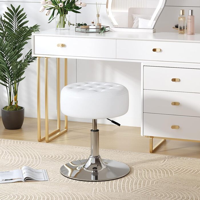 Пуф-стілець для макіяжу Furniliving Mid-Century з регульованою висотою та обертанням; Великий круглий пуф для туалету в спальню або вітальню (Білий)