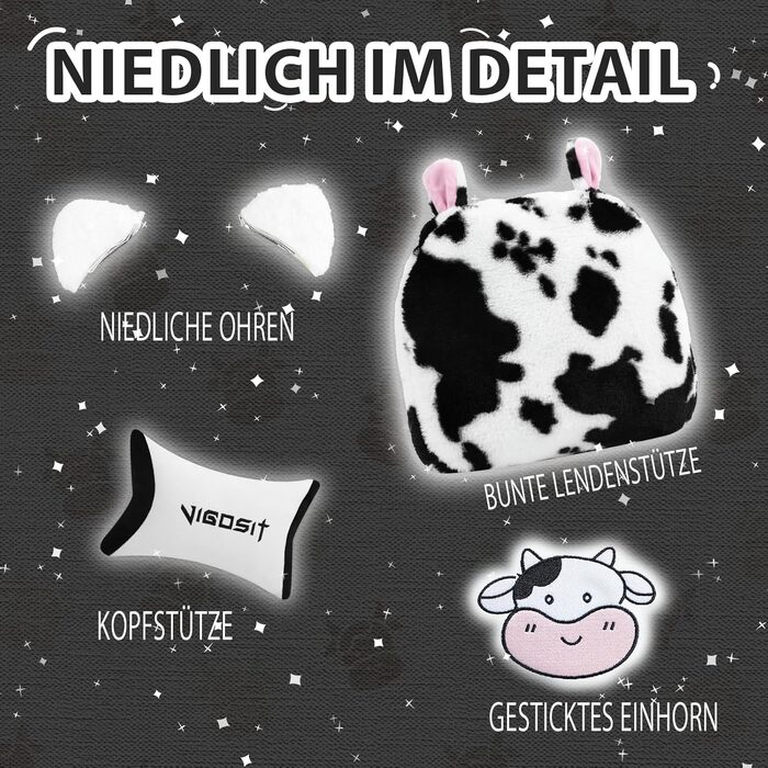Ігровий крісло з милою формою та подушкою Каваї, ергономічний комп'ютерний ігровий стілець для дівчат з підтримкою попереку та підставкою для ніг, зручне відкидне крісло для підлітків (чорно-білий)