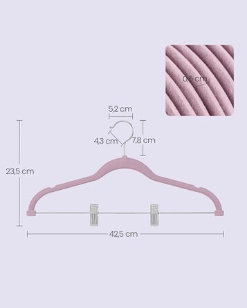 Плечики SONGMICS для одягу, 20 шт., велюрові, для штанів, пальто, суконь, 42,5 см, з регульованими кліпсами, неслизькі, економні, CRF012B20