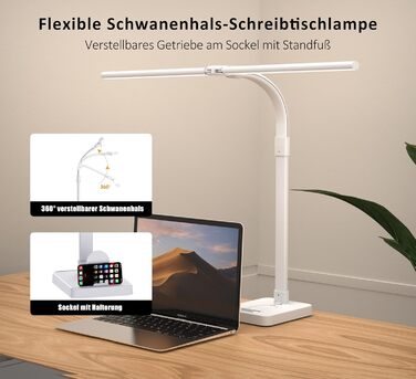 LED настільна лампа LOTTBUTY з диммуванням, 24W, 80см, для офісу та дому, з гнушим шийкою та тримачем для телефону (біла)