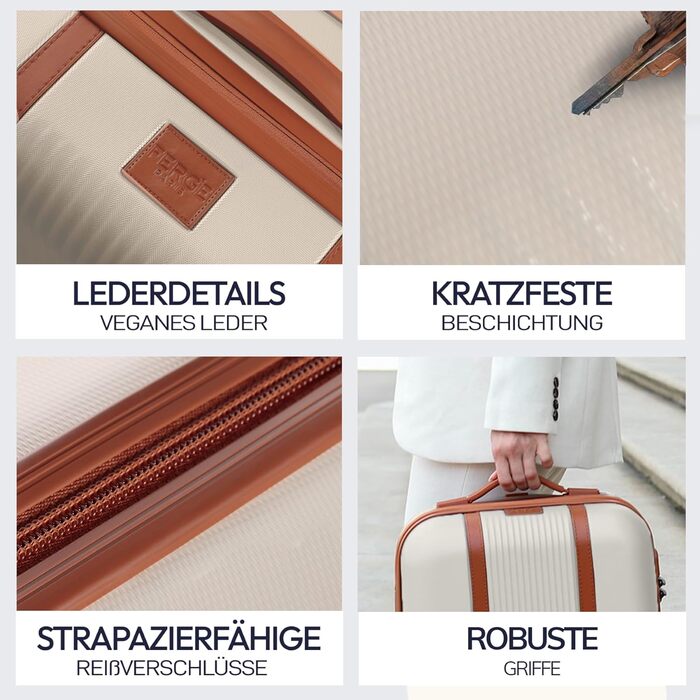 Набір валіз FERGÉ з твердим корпусом (5 шт.) Milano: 3 розміри + сумка для подорожей + органайзер для туалетних речей - 3 шт. Чотирьохколісні валізи, легкі, чорні (великий кофр 65 см, бежево-коричневий)