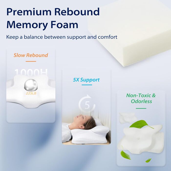 Подушка для шиї HOMCA Memory Foam, ергономічна, 3D чохол для охолодження, для всіх положень сну, 62x48/10 см