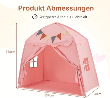 Дитячий ігровий будиночок COSTWAY, намет для дітей з прапорцями та гірляндою, намет принцеси, великий намет у дитячу кімнату для хлопчиків та дівчаток від 3 років, 157 x 98 x 148 см (Рожевий)