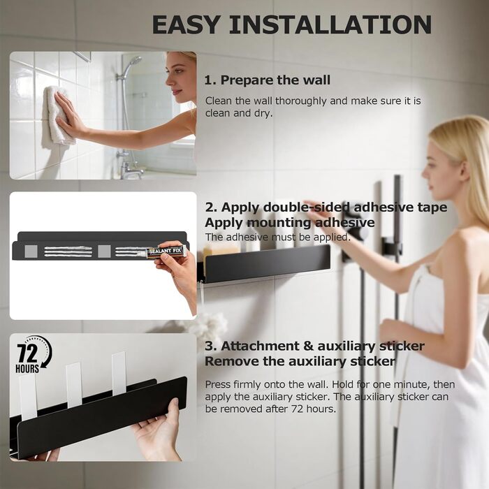 Поличка для душу REKITA без свердління, органайзер для ванної кімнати 40 см, поличка з нержавіючої сталі з 4 знімними гачками, тримач для шампуню для душу, навісна поличка, чорний колір