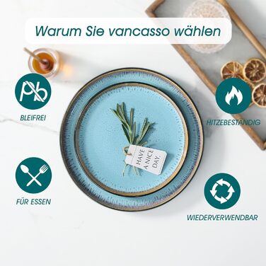 Набір посуду Vancasso AMBER на 12 осіб, 48 предметів: тарілки обідні, десертні, супові, миски - реактивна глазур, для посудомийної машини (блакитний)