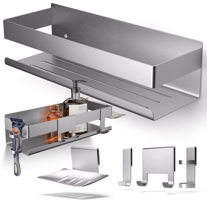 Набір для зберігання в душі Henal 5 в 1: поличка, тримач для бритви, для скребка, мильниці та гачка. Нержавіюча сталь, матове покриття, без свердління. Організатор для ванної кімнати XXL