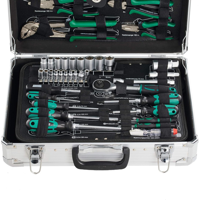 Набір інструментів Brüder Mannesmann 108 предметів в алюмінієвому кейсі: викрутки, плоскогубці, біти, головки, молоток, сталь Cr-V