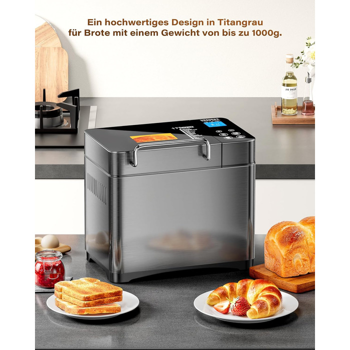 Преміум хлібопекарка Konvektions-Brotbackautomat 710W з керамічною формою, 17 функцій, диспенсер для горіхів, сталь, чорна