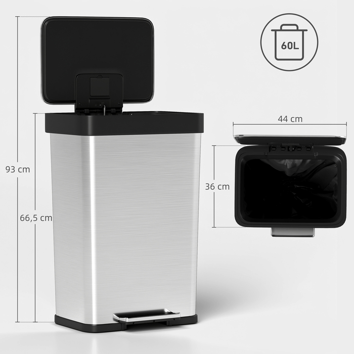 Відро для сміття 60 літрів з педальним механізмом, нержавіюча сталь, з м'яким закриванням кришки, сріблястого кольору