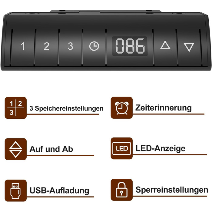 Електричний стоячий стіл Devoko 180x80 см з USB-портом, 3 положення, таймер, блокування, рустикальний/вінтажний колір