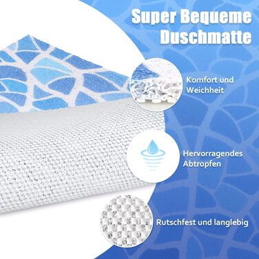 Безпечний нековзний килимок для душу, 60 * 60 см, м'який комфорт Килимок для ванної з дренажними отворами, масажні килимки для душа з ПВХ-люфи для вологих приміщень, швидковисихаючі (синя мозаїка-60 х 60 см)