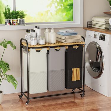 Кошики для білизни з сортуванням 3x40л, з висувними кишенями та роликами (Чорний/Білий)