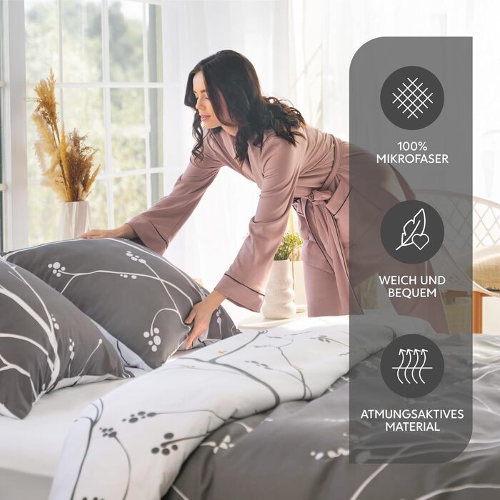 Комплект постільної білизни Dreamzie 200x200 см з 2 наволочками 80x80 см, сірий гілковий малюнок, для дорослих, 100% мікрофібра, сертифікат Oeko TEX