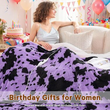 Електрична гріюча ковдра з принтом корови, повний розмір 183x213 см, фіолетова, 10 режимів нагріву, автоматичне вимкнення через 8 годин, флісова ковдра з декором гірської породи худоби, Sherpa