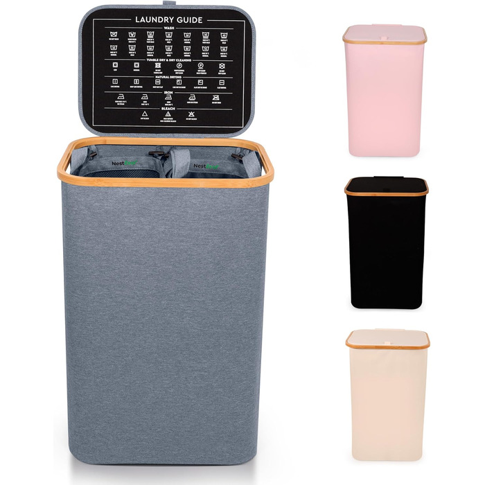 Кошик для білизни Nest Zest 100L з кришкою, 2 відділення для сортування, з інструкцією по догляду та 2 знімними внутрішніми кишенями, з бамбуковим обідком, Оксфордська тканина (Сірий)