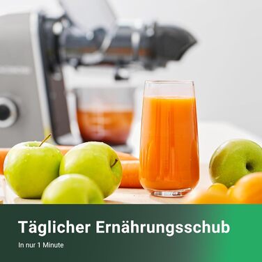 Електричний соковитискач AOBOSI Slow Juicer з 2 швидкостями, для овочів та фруктів, з 8-ступеневою спіраллю, щіткою для очищення та 2 чашами, функція реверсу, сірий