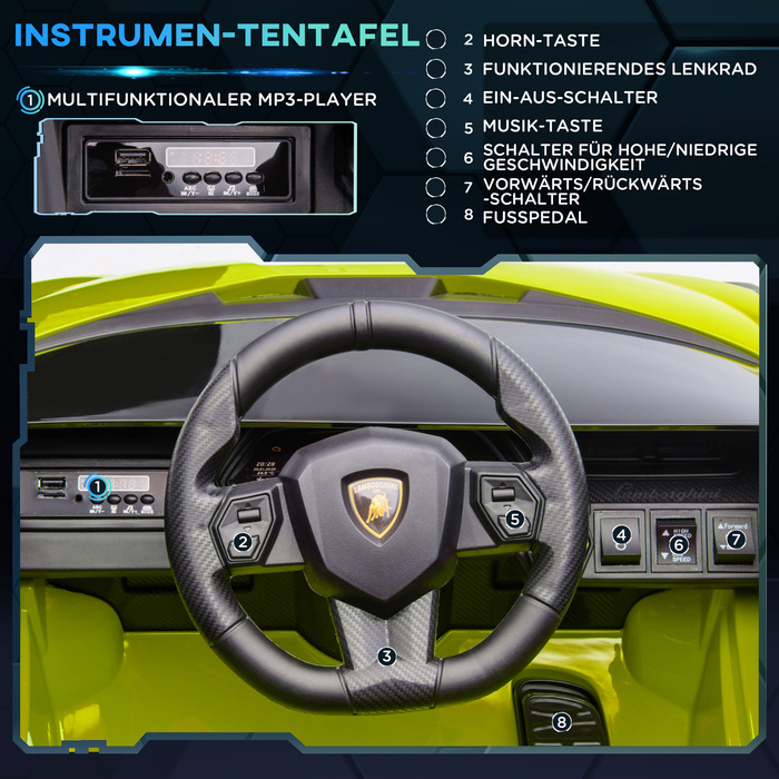Дитячий електромобіль HOMCOM Lamborghini, 3-5 км/год, з дистанційним керуванням, для дітей 3-5 років, колір: зелений