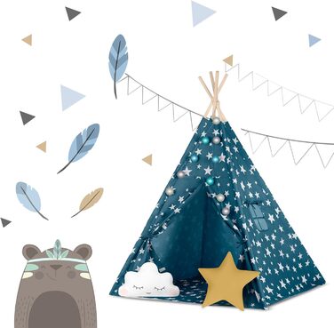 Дитячий намет NUKIDO Tipi з бавовни та дерев'яним каркасом, блакитний, 120x120x165 см