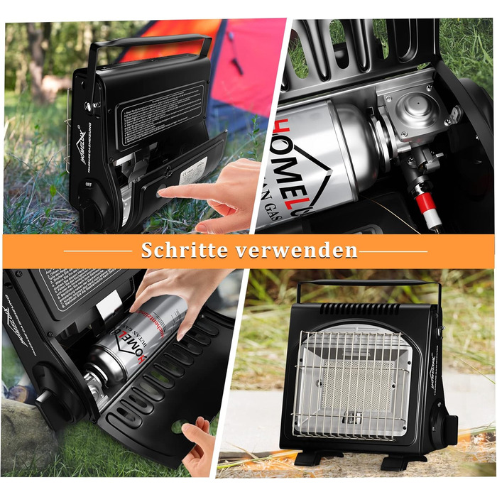 Газовий нагрівач HOMELUX 1,7KW для дому та на вулиці: обігрівач, нагрівач для кемпінгу, без електроенергії, газовий нагрівач, нагрівач для кемпінгу, нагрівальний прилад з 4 балончиками газу MSF-1a (BDZ-Q1000+4Gaskartuschen)