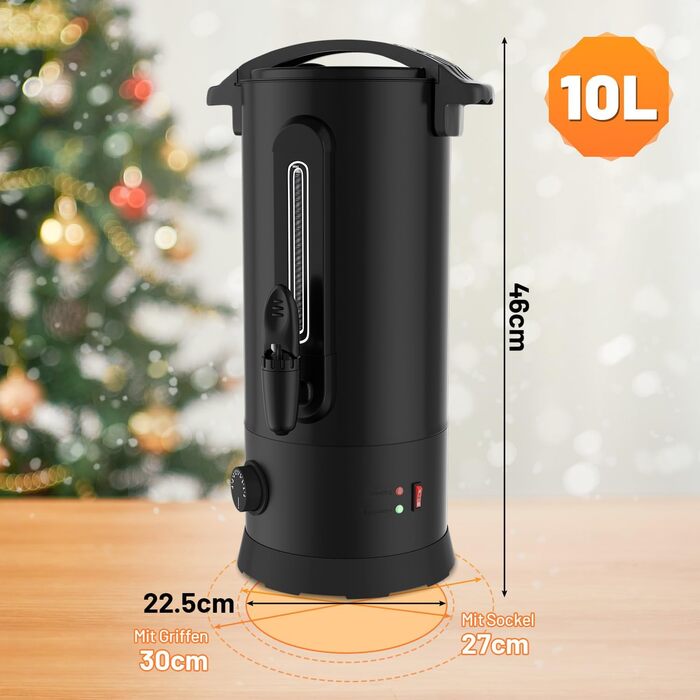 Глювайнер Cecaylie 10L: Електричний диспенсер для глінтвейну з нержавіючої сталі, з термостатом, краном та індикатором рівня, чорний