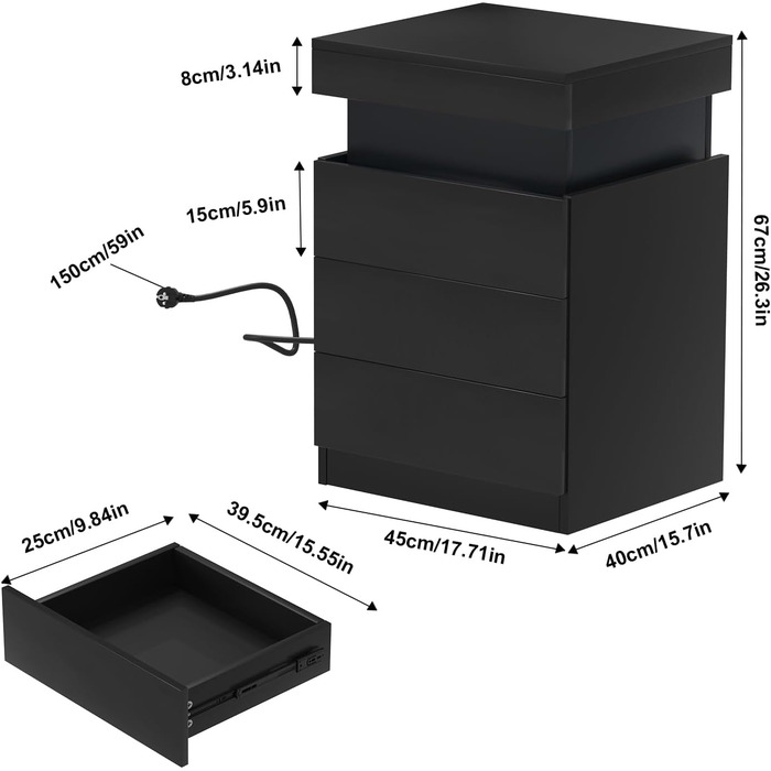 Тумбочка PIPIPOXER зі світлодіодом, розетка та USB, 2 ящики, дерево, чорний, 40x35x60см (45x40x67см)