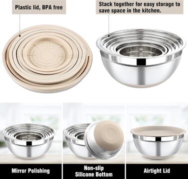 Набір місок для перемішування BEWOS 7 шт. з кришкою, нержавіюча сталь, з терткою, вкладна конструкція, розміри 0.5, 1, 1.4, 1.85, 2.35, 3.2, 4 л для змішування та подачі