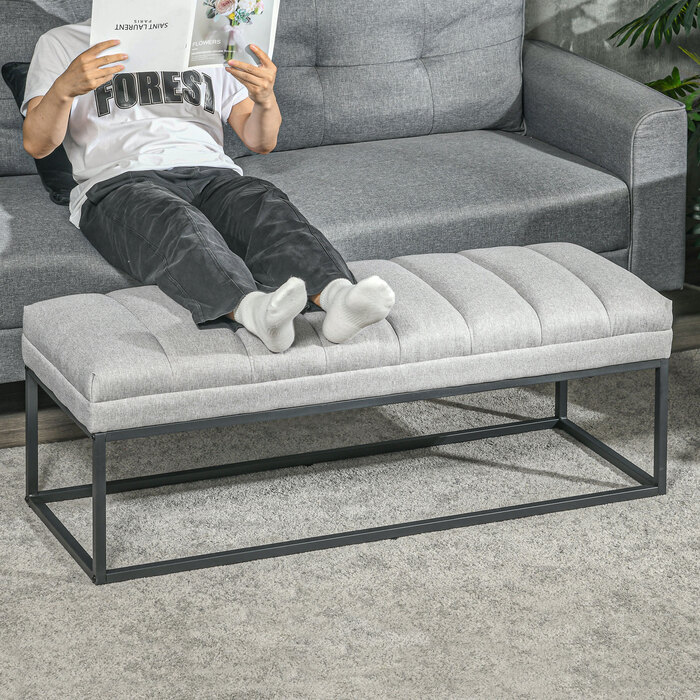 Лавка HOMCOM Льон Look М'яка лавка для спальні Ліжко Лавка для макіяжу до 200 кг Сталь Світло-сірий 120x44x45.5 см