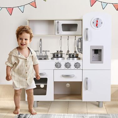 Дерев'яна дитяча кухня MAMIZO - іграшковий кухонний набір для дітей, 81x74x30 см, з підсвіткою та звуком, аксесуари, для дітей від 3 років, білий колір