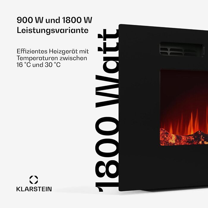 Електрокамін Klarstein Galeras Smart 1800 Вт, LED-полум'я, з додатком та пультом, регульовані кольори й яскравість, захист від перегріву, настінний, чорний, 102x47x13 см