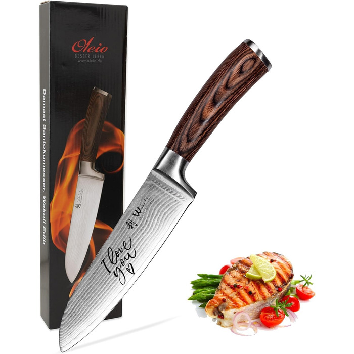 Японський ніж Santoku Wakoli EDIB з дамаської сталі (серцевина VG10), 17 см – гострий ніж для кухні та приготування їжі, преміум якість, з дерев'яною ручкою Pakkaholz, подарункова коробка з гравіюванням логотипу