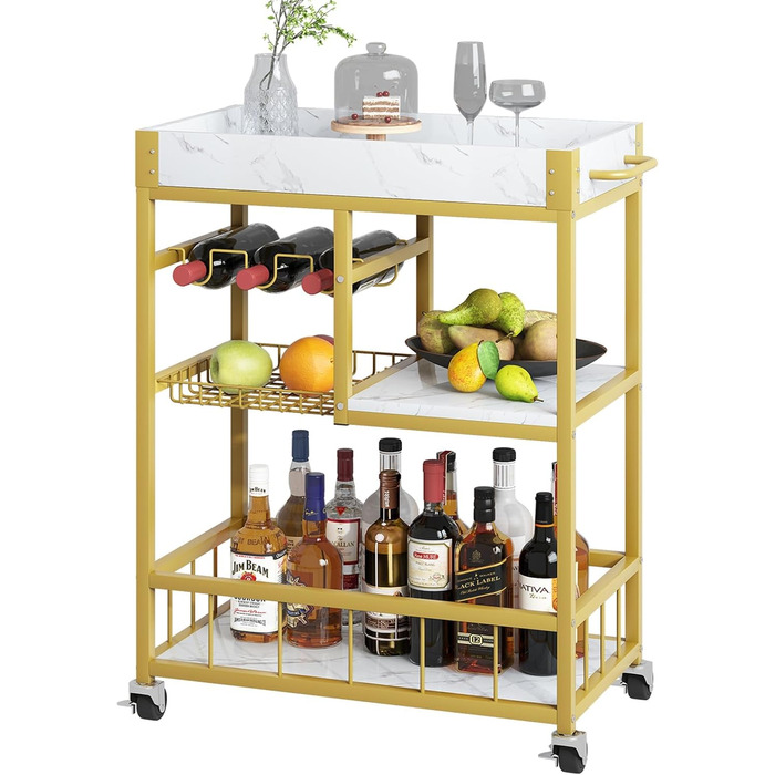 Сервісний візок Huhote з 3 ярусами, білий: візок для вина, кухонний візок з кошиком та відкидним столиком, 64 x 34 x 84 см