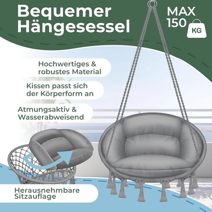 Крісло-гойдалка KESSER® з подушкою - крісло-гойдалка для дорослих та дітей, до 150 кг, для дому та саду, сіре