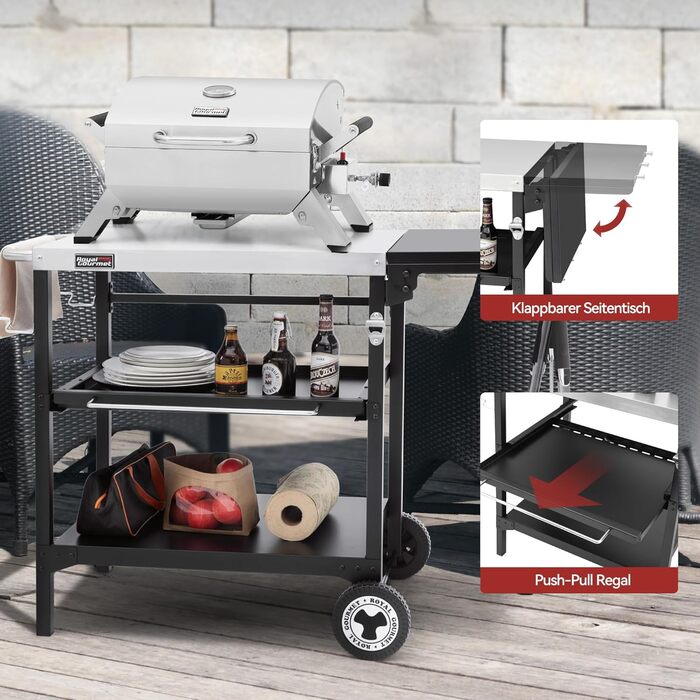 Набір для гриля Royal Gourmet: стіл-візок з 3 ярусами, стільниця з нержавіючої сталі 70x50 см та бічна полиця 30x50 см, для дачі та саду