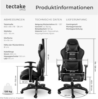 Ігровий крісло Tectake з масажем та LED-підсвіткою, чорний колір. Ергономічний офісний стіл для ігор, крісло для робочого кабінету.