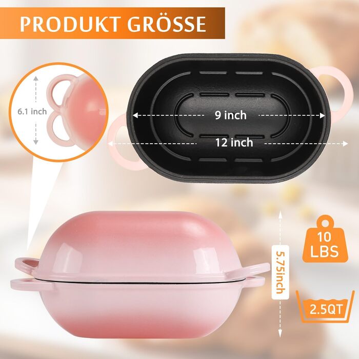 Форма для випікання хліба з кришкою Gusseisen, 23 см, емальована чавунна форма, 2.75 л, підходить для духовки (переливи синьо-зеленого та рожевого кольорів)