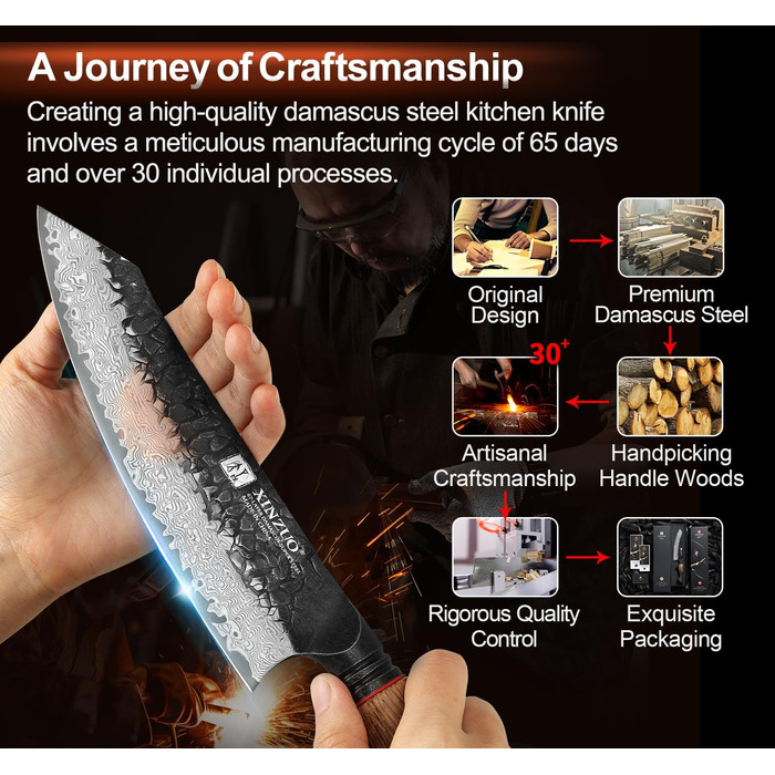 Ніж Сантоку XINZUO Damaststahl 19,3 см з нержавіючої сталі Дамаск, професійний кухонний ніж, серія Mo, ергономічна ручка з білого дуба