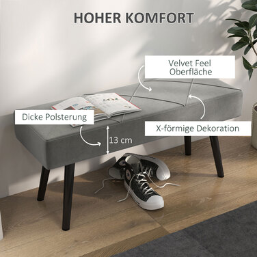 HOMCOM М'яка лавка Velvet Look Ліжко Лавка для передпокою X-Pattern до 120 кг Сіра 100x36x45 см для спальні