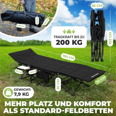 Розкладне ліжко для кемпінгу NORDICTRAILS XXL з м'яким матрацом, чорне (190 x 70 см) — зручне похідне ліжко для відпочинку та риболовлі